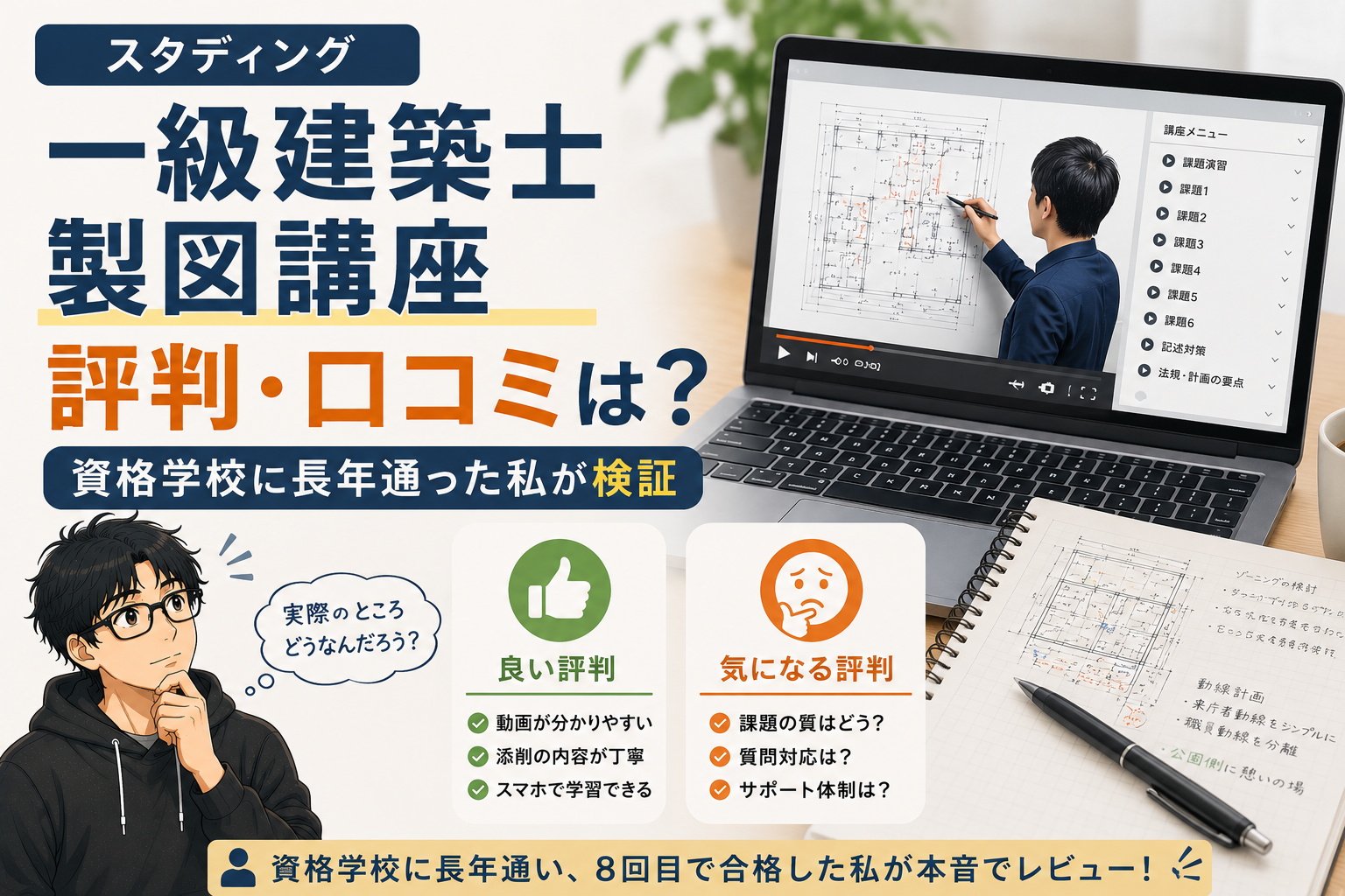 スタディング一級建築士製図講座の評判・口コミは？資格学校に長年通った私が検証